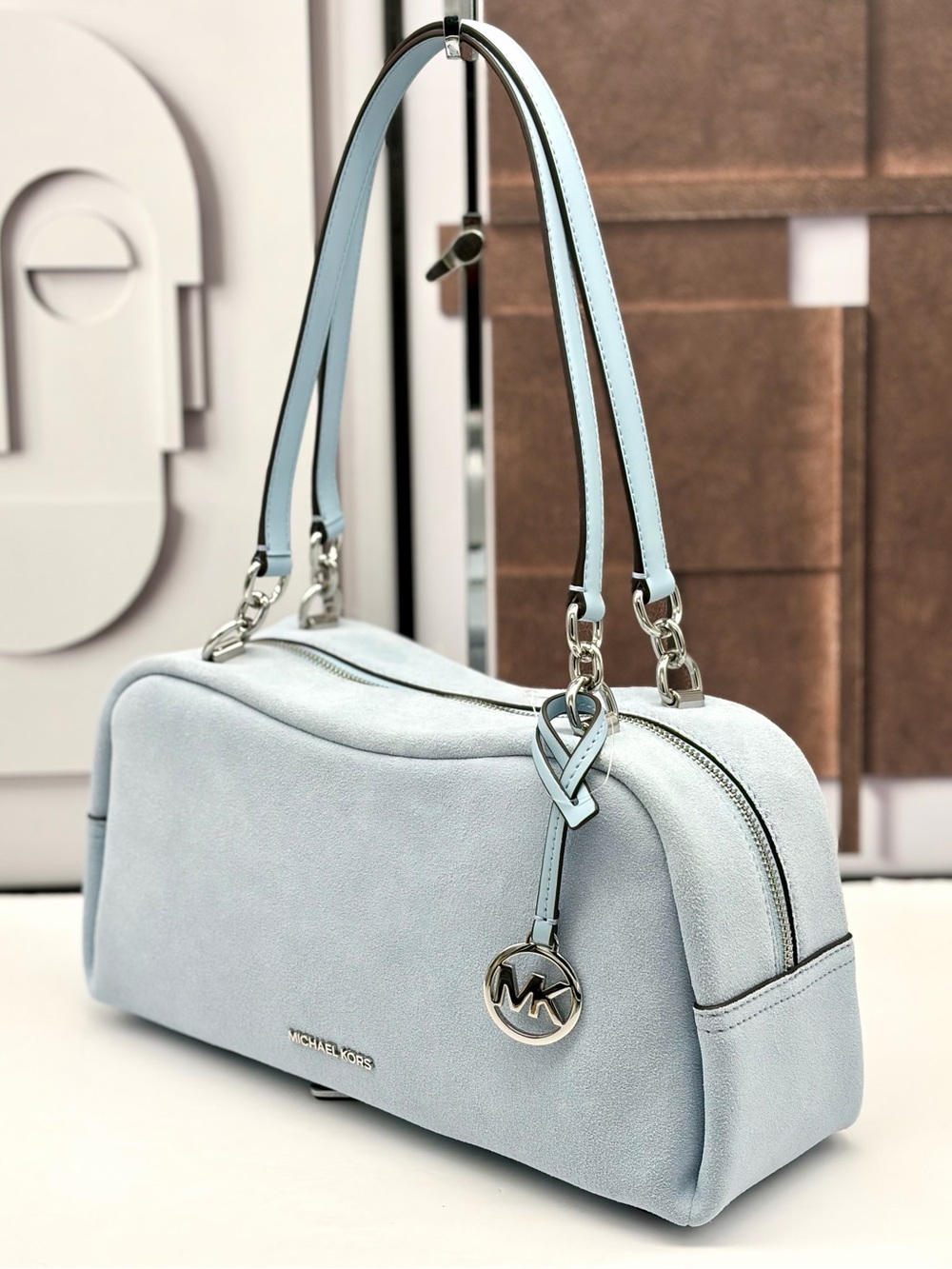 Michael Kors Cecily Light Blue Suede Shoulder Bag with MK Charm
